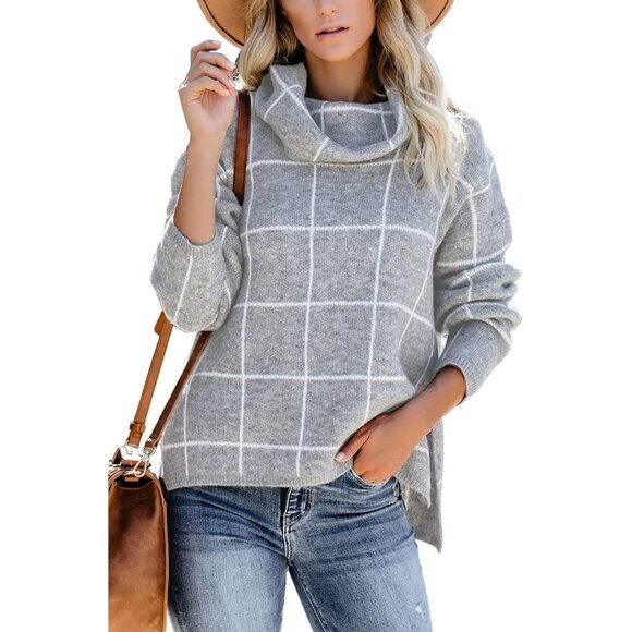 🆕 Women Grey Casual Long Sleeve Sweatshirt Turtleneck Sweaters Fit Jumper Tops - Picture 1 of 6